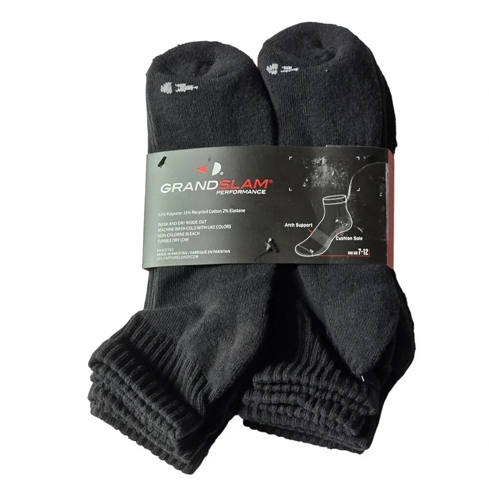 Grand Slam Performance/Men's Quarter Black Socks/6‎ Pack/Size 7-12